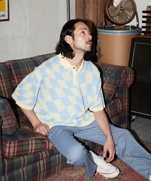 ADAM PATEK（アダムパテック）の「ADAMPATEK / skewed check pattern short sleeve knit polo shirts/ルーズシルエットニットポロシャツ”歪みチェッカー”（ポロシャツ・メンズ・ブラック/イエロー・1/2/3）」の9枚目の写真