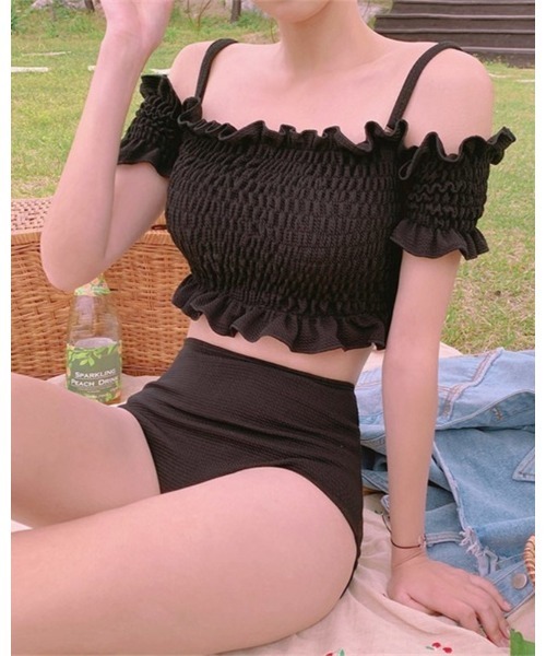 Ritzy（リッツィー）の「オフショルダーシャーリングデザインハイウエストビキニ 水着（水着・レディース・ブラック/グリーン/ブラウン・M/L/XL）」の5枚目の写真