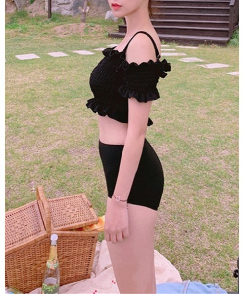 Ritzy（リッツィー）の「オフショルダーシャーリングデザインハイウエストビキニ 水着（水着・レディース・ブラック/グリーン/ブラウン・M/L/XL）」の12枚目の写真