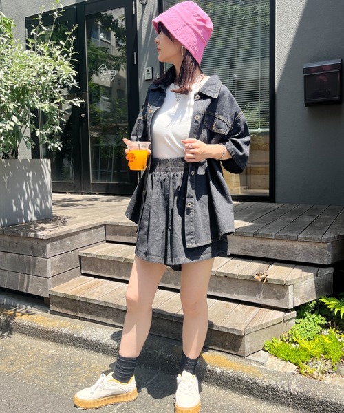 CLEA（クレア）の「オーバー半袖シャツ＆ショートパンツ コットンデニムセットアップ（セットアップ・レディース・ブラック/ブルー・FREE）」の6枚目の写真