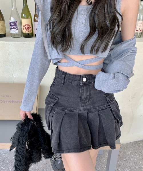shopnikoniko(ショップニコニコ)の「ボックスプリーツ デニムミニスカート(スカート・レディース・ブラック・フリー)」の9枚目の写真