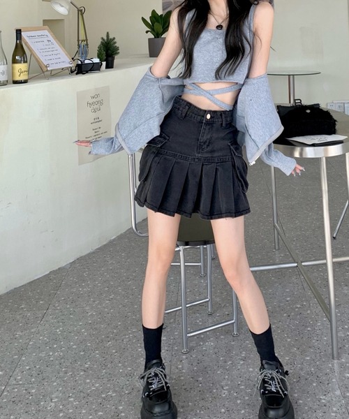 shopnikoniko(ショップニコニコ)の「ボックスプリーツ デニムミニスカート(スカート・レディース・ブラック・フリー)」の6枚目の写真
