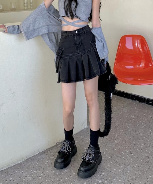 shopnikoniko(ショップニコニコ)の「ボックスプリーツ デニムミニスカート(スカート・レディース・ブラック・フリー)」の7枚目の写真