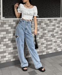 LVEU. | 【LVEU.】カットアウトダメージデニム / ボトムス パンツ デニム ワイド ルーズ カットアウト ダメージ カジュアル 色落ち ヴィンテージ インディゴ ブルー ブラック(デニムパンツ)
