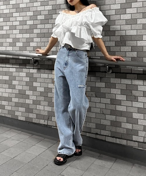 LVEU.(ラブユ.)の「【LVEU.】カットアウトダメージデニム / ボトムス パンツ デニム ワイド ルーズ カットアウト ダメージ カジュアル 色落ち ヴィンテージ インディゴ ブルー ブラック(デニムパンツ・レディース・ブラック/ブルー・FREE)」の17枚目の写真
