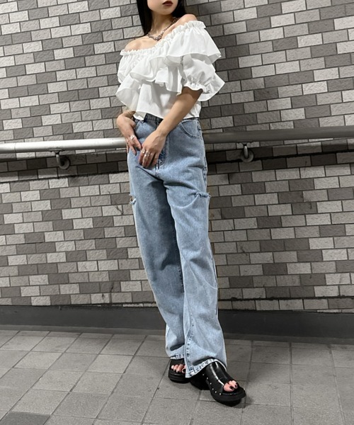 LVEU.(ラブユ.)の「【LVEU.】カットアウトダメージデニム / ボトムス パンツ デニム ワイド ルーズ カットアウト ダメージ カジュアル 色落ち ヴィンテージ インディゴ ブルー ブラック(デニムパンツ・レディース・ブラック/ブルー・FREE)」の7枚目の写真
