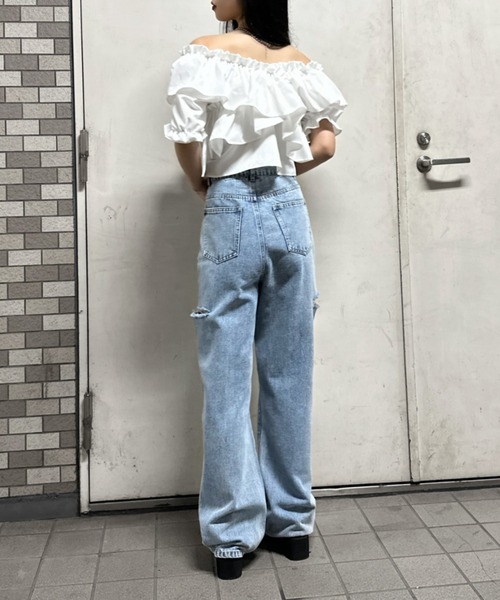 LVEU.(ラブユ.)の「【LVEU.】カットアウトダメージデニム / ボトムス パンツ デニム ワイド ルーズ カットアウト ダメージ カジュアル 色落ち ヴィンテージ インディゴ ブルー ブラック(デニムパンツ・レディース・ブラック/ブルー・FREE)」の4枚目の写真