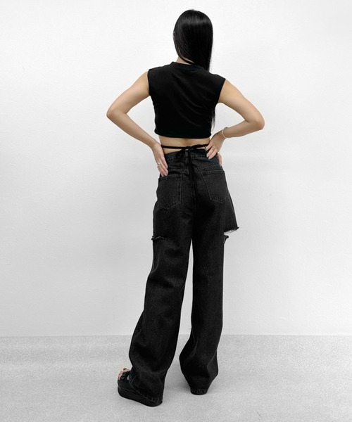 LVEU.(ラブユ.)の「【LVEU.】カットアウトダメージデニム / ボトムス パンツ デニム ワイド ルーズ カットアウト ダメージ カジュアル 色落ち ヴィンテージ インディゴ ブルー ブラック(デニムパンツ・レディース・ブラック/ブルー・FREE)」の8枚目の写真