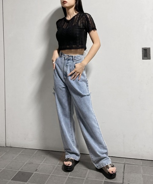 LVEU.(ラブユ.)の「【LVEU.】カットアウトダメージデニム / ボトムス パンツ デニム ワイド ルーズ カットアウト ダメージ カジュアル 色落ち ヴィンテージ インディゴ ブルー ブラック(デニムパンツ・レディース・ブラック/ブルー・FREE)」の21枚目の写真
