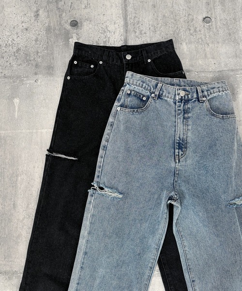 LVEU.(ラブユ.)の「【LVEU.】カットアウトダメージデニム / ボトムス パンツ デニム ワイド ルーズ カットアウト ダメージ カジュアル 色落ち ヴィンテージ インディゴ ブルー ブラック(デニムパンツ・レディース・ブラック/ブルー・FREE)」の20枚目の写真