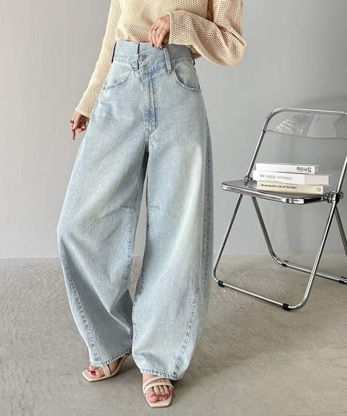 ★ELF SACK★ カジュアル ハイウェスト デニム パンツ/送料込 ELFSACK ストリート ロゴ ハイウエスト デニム ロングパンツ