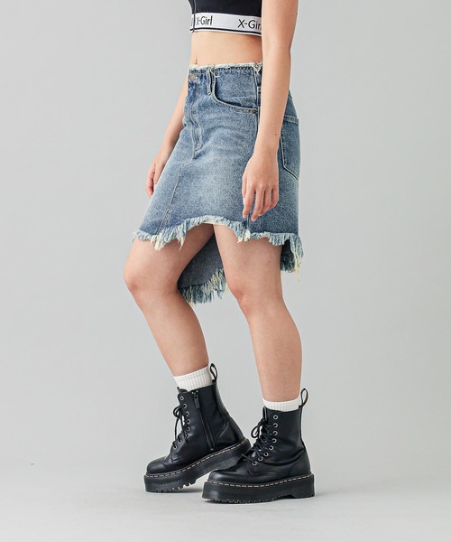 X-girl（エックスガール）の「RIPPED DENIM SKIRT（デニムスカート・レディース・ブラック/ライトインディゴブルー・S/M）」の4枚目の写真