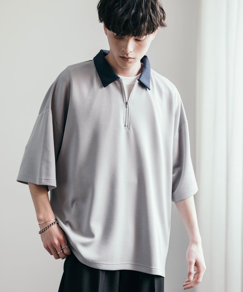 Rocky Monroe(ロッキーモンロー)の「オーバーサイズダンボールハーフジップクレリックポロシャツ(ポロシャツ・メンズ・チャコール/ネイビー/グレー/ブルーグレー/ブラック/グレイッシュベージュ/ホワイト・M/L)」の4枚目の写真