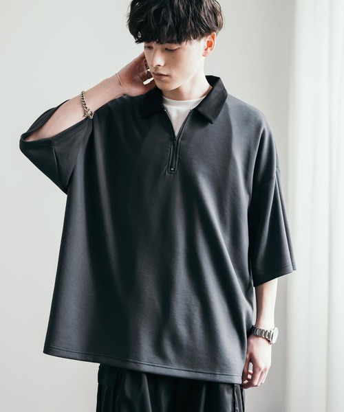 Rocky Monroe(ロッキーモンロー)の「オーバーサイズダンボールハーフジップクレリックポロシャツ(ポロシャツ・メンズ・チャコール/ネイビー/グレー/ブルーグレー/ブラック/グレイッシュベージュ/ホワイト・M/L)」の1枚目の写真