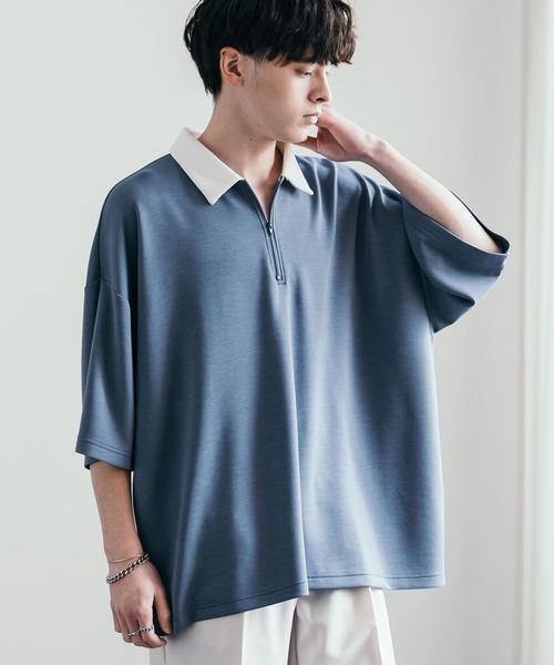 Rocky Monroe(ロッキーモンロー)の「オーバーサイズダンボールハーフジップクレリックポロシャツ(ポロシャツ・メンズ・チャコール/ネイビー/グレー/ブルーグレー/ブラック/グレイッシュベージュ/ホワイト・M/L)」の5枚目の写真