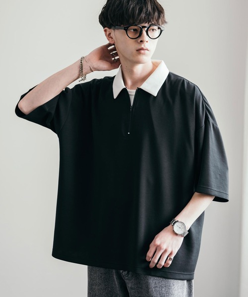 Rocky Monroe(ロッキーモンロー)の「オーバーサイズダンボールハーフジップクレリックポロシャツ(ポロシャツ・メンズ・チャコール/ネイビー/グレー/ブルーグレー/ブラック/グレイッシュベージュ/ホワイト・M/L)」の3枚目の写真