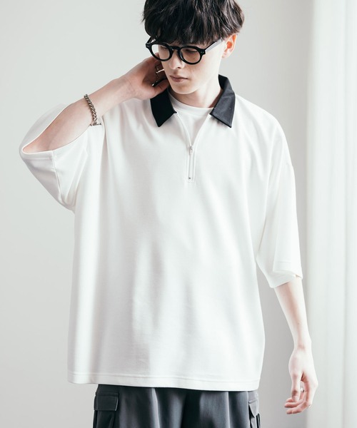 Rocky Monroe(ロッキーモンロー)の「オーバーサイズダンボールハーフジップクレリックポロシャツ(ポロシャツ・メンズ・チャコール/ネイビー/グレー/ブルーグレー/ブラック/グレイッシュベージュ/ホワイト・M/L)」の8枚目の写真