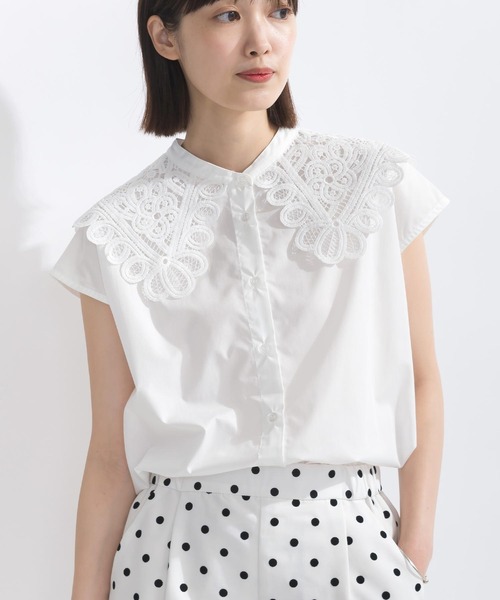 PICCIN(ピッチン)の「【WEB限定】襟レースフレンチスリーブブラウス(シャツ/ブラウス・レディース・オフホワイト/ブラック・L/M)」の4枚目の写真