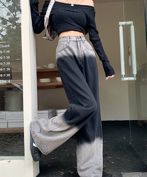 ANNTIAN サイズL グラデーションデニムパンツ ハイウエスト antiqua グラデーションデニムパンツ パンツ レディース 送料