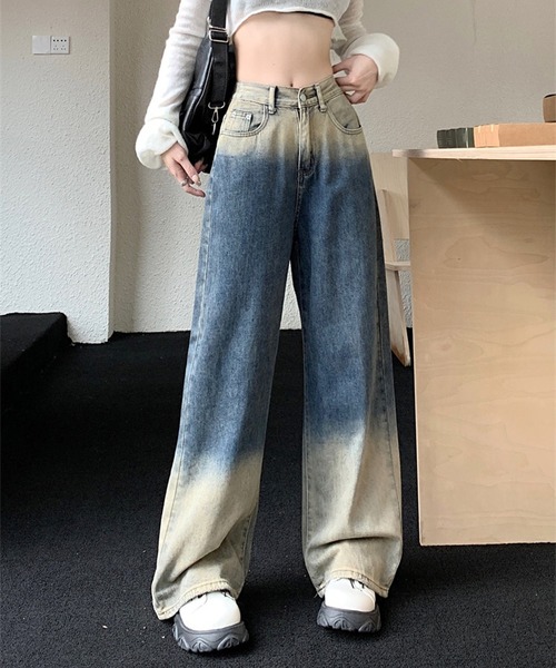 ANNTIAN サイズL グラデーションデニムパンツ ハイウエスト 13.5ozワイドストレートグラデーションデニム（デニムパンツ