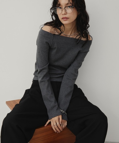 ANDAMARY オフショルダーリボントップス andmary Amari ribbonオフショルダー黒いリブニットトップ