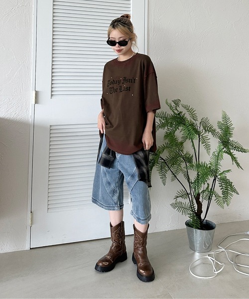 d.i.a.系背中クラッシュ金箔プリントスカルアシメオフショルギャルTシャツ 絡繰魂 からくりだましい 龍神 or がしゃ髑髏 刺繍 和柄
