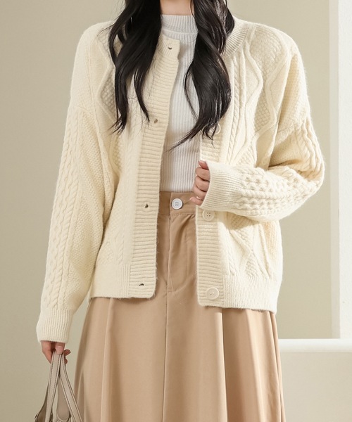 ラウンドネック ケーブル柄 長袖 ニット カーディガン（カーディガン