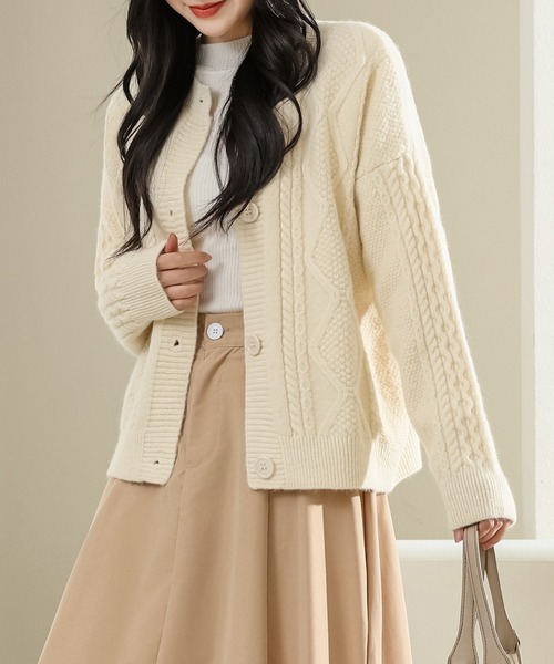 ラウンドネック ケーブル柄 長袖 ニット カーディガン（カーディガン