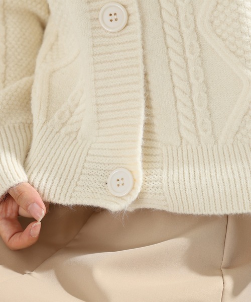 セール】ラウンドネック ケーブル柄 長袖 ニット カーディガン