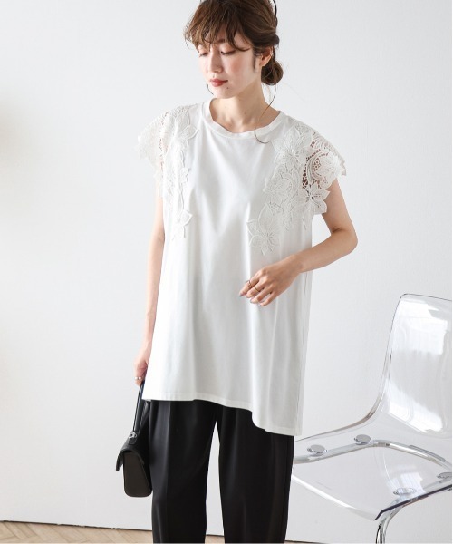 La-gemme（ラジェム）の「ショルダーレース Aライントップス（Tシャツ/カットソー・レディース・ホワイト/ブラック・フリー）」の16枚目の写真