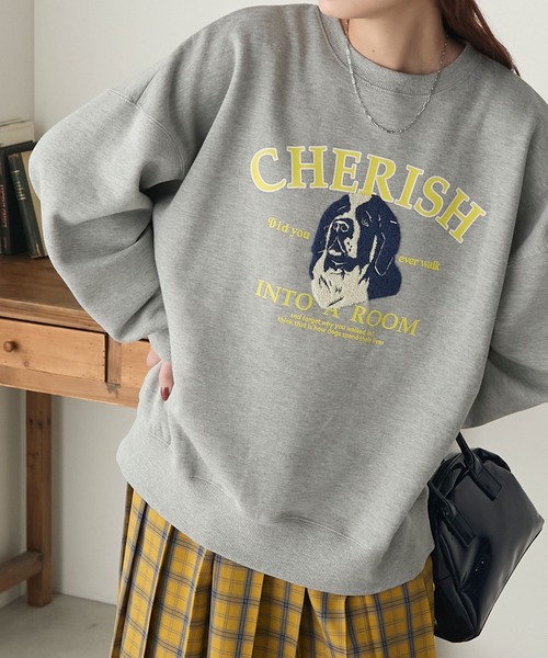 BONLECILL（ボンルシール）の「裏起毛ドッグプリント サガラ刺繍 BIGシルエットスウェット（スウェット・レディース・ネイビー/バーガンディー/モスグリーン/杢グレー/チャコールグレー・FREE）」の2枚目の写真