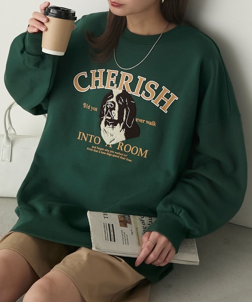 BONLECILL（ボンルシール）の「裏起毛ドッグプリント サガラ刺繍 BIGシルエットスウェット（スウェット・レディース・ネイビー/バーガンディー/モスグリーン/杢グレー/チャコールグレー・FREE）」の3枚目の写真