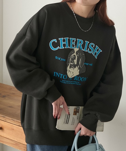 BONLECILL（ボンルシール）の「裏起毛ドッグプリント サガラ刺繍 BIGシルエットスウェット（スウェット・レディース・ネイビー/バーガンディー/モスグリーン/杢グレー/チャコールグレー・FREE）」の6枚目の写真