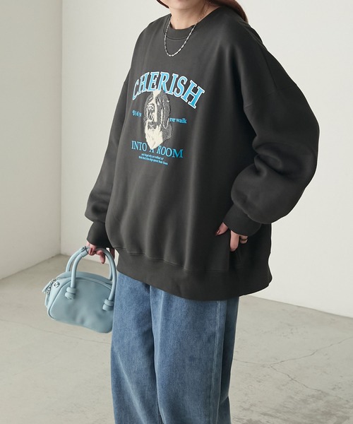 BONLECILL（ボンルシール）の「裏起毛ドッグプリント サガラ刺繍 BIGシルエットスウェット（スウェット・レディース・ネイビー/バーガンディー/モスグリーン/杢グレー/チャコールグレー・FREE）」の8枚目の写真