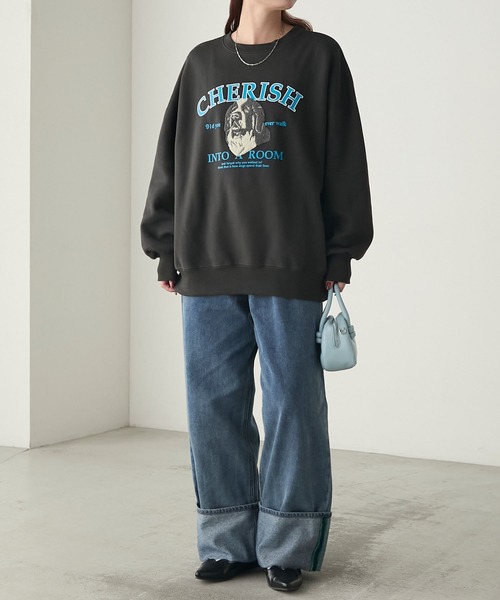 BONLECILL（ボンルシール）の「裏起毛ドッグプリント サガラ刺繍 BIGシルエットスウェット（スウェット・レディース・ネイビー/バーガンディー/モスグリーン/杢グレー/チャコールグレー・FREE）」の10枚目の写真