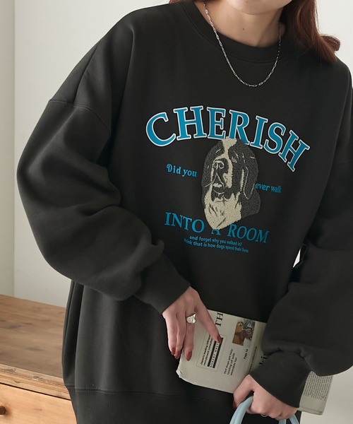 BONLECILL（ボンルシール）の「裏起毛ドッグプリント サガラ刺繍 BIGシルエットスウェット（スウェット・レディース・ネイビー/バーガンディー/モスグリーン/杢グレー/チャコールグレー・FREE）」の12枚目の写真