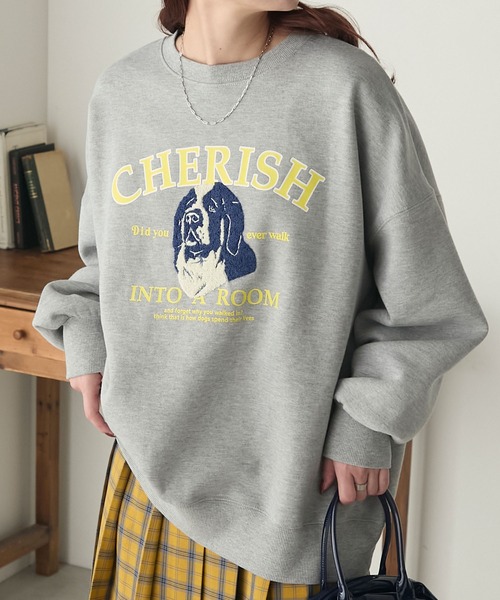 BONLECILL（ボンルシール）の「裏起毛ドッグプリント サガラ刺繍 BIGシルエットスウェット（スウェット・レディース・ネイビー/バーガンディー/モスグリーン/杢グレー/チャコールグレー・FREE）」の21枚目の写真