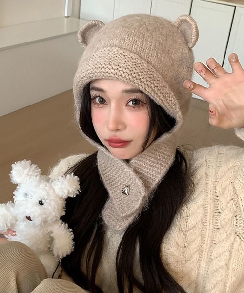 セール】ハートボタン付き クマ耳 バラクラバ（ニットキャップ
