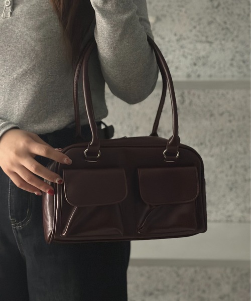 Burner(バーナー)の「【OKUOKU 0909】外ポケットボストンバッグ トートバッグ フラップダブルポケットのレザータッチ oku-bag-741325859435-23 N【RBTS】(ボストンバッグ・レディース・ブラック/ワイン/ブラウン/ライトブルー/ホワイト・FREE)」の5枚目の写真