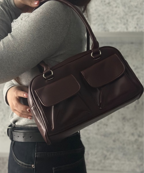 Burner(バーナー)の「【OKUOKU 0909】外ポケットボストンバッグ トートバッグ フラップダブルポケットのレザータッチ oku-bag-741325859435-23 N【RBTS】(ボストンバッグ・レディース・ブラック/ワイン/ブラウン/ライトブルー/ホワイト・FREE)」の19枚目の写真