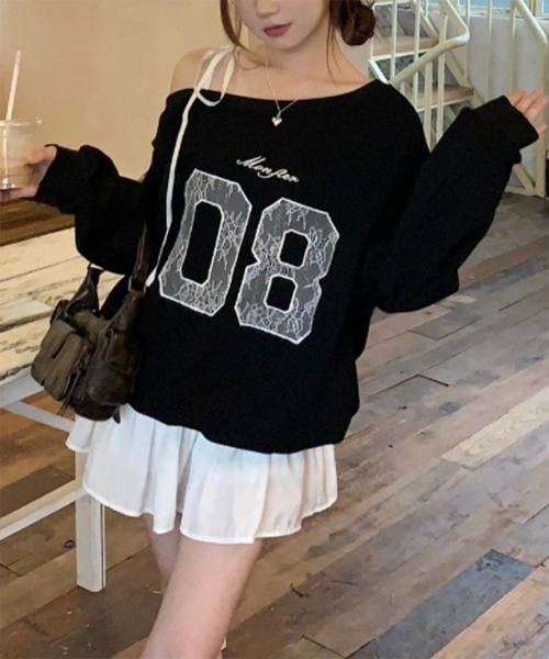 by muni:r（バイ ムニール）の「ラブリーリボンレースアンバランススウェット（スウェット・レディース・ブラック/ホワイト・FREE）」の9枚目の写真