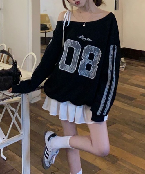 by muni:r（バイ ムニール）の「ラブリーリボンレースアンバランススウェット（スウェット・レディース・ブラック/ホワイト・FREE）」の10枚目の写真