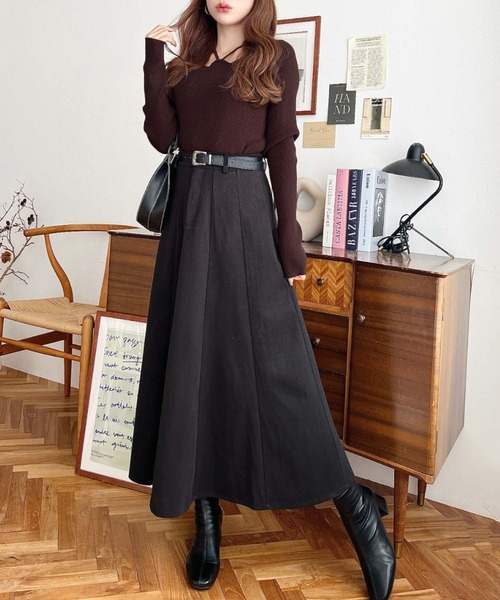 Brunello Cucinelli ウール切替フレアスカート 茶 42 ベルト付きダーツ切替フレアスカート（スカート）｜LOULOU