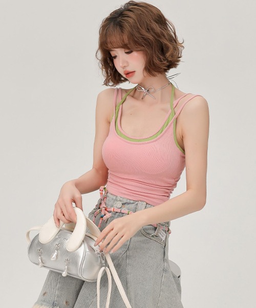 c.u.l（シーユーエル）の「レイヤードデザイン ホルターネック リブキャミソール GH25s025 【Girlyhalo】（その他トップス・レディース・ピンク・L/M/S）」の6枚目の写真