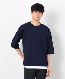 七分袖 フェイクレイヤード クルーネックTシャツ
