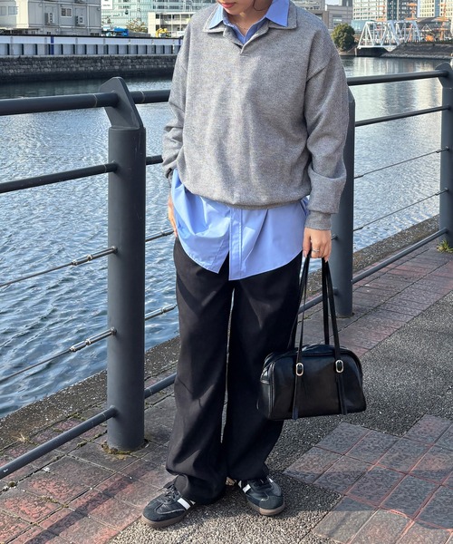 ISOOK（アイスー）の「【ISOOK / アイスー】オーバーサイズポロニット / ポロシャツ ルーズ ビックシルエット 長袖 ユニセックス 春ニット グレー アイボリー ネイビー ZOZOTOWN限定（ポロシャツ・レディース・ネイビー/アイボリー/グレー・FREE）」の5枚目の写真