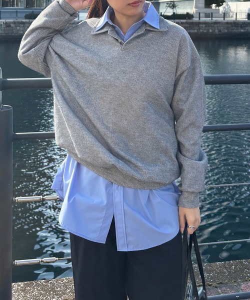 ISOOK（アイスー）の「【ISOOK / アイスー】オーバーサイズポロニット / ポロシャツ ルーズ ビックシルエット 長袖 ユニセックス 春ニット グレー アイボリー ネイビー ZOZOTOWN限定（ポロシャツ・レディース・ネイビー/アイボリー/グレー・FREE）」の7枚目の写真