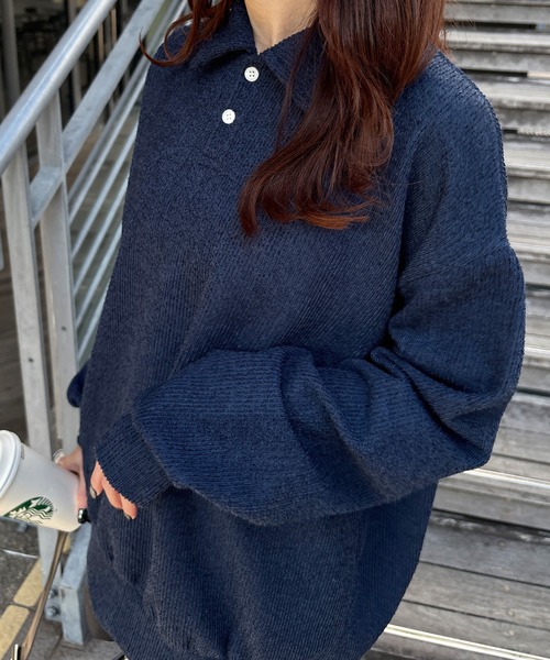 ISOOK（アイスー）の「【ISOOK / アイスー】オーバーサイズポロニット / ポロシャツ ルーズ ビックシルエット 長袖 ユニセックス 春ニット グレー アイボリー ネイビー ZOZOTOWN限定（ポロシャツ・レディース・ネイビー/アイボリー/グレー・FREE）」の11枚目の写真