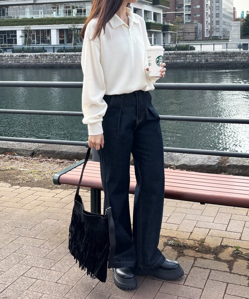 ISOOK（アイスー）の「【ISOOK / アイスー】オーバーサイズポロニット / ポロシャツ ルーズ ビックシルエット 長袖 ユニセックス 春ニット グレー アイボリー ネイビー ZOZOTOWN限定（ポロシャツ・レディース・ネイビー/アイボリー/グレー・FREE）」の13枚目の写真