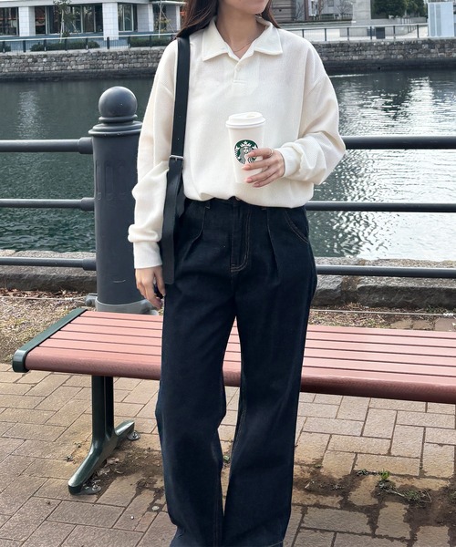 ISOOK（アイスー）の「【ISOOK / アイスー】オーバーサイズポロニット / ポロシャツ ルーズ ビックシルエット 長袖 ユニセックス 春ニット グレー アイボリー ネイビー ZOZOTOWN限定（ポロシャツ・レディース・ネイビー/アイボリー/グレー・FREE）」の12枚目の写真